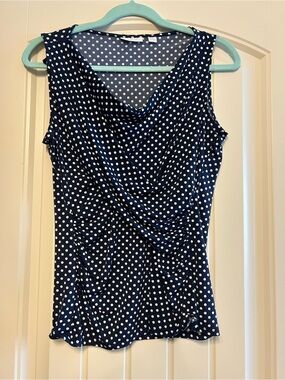 New York & Company Navy and White Polka Dot Draped Sleeveless Top